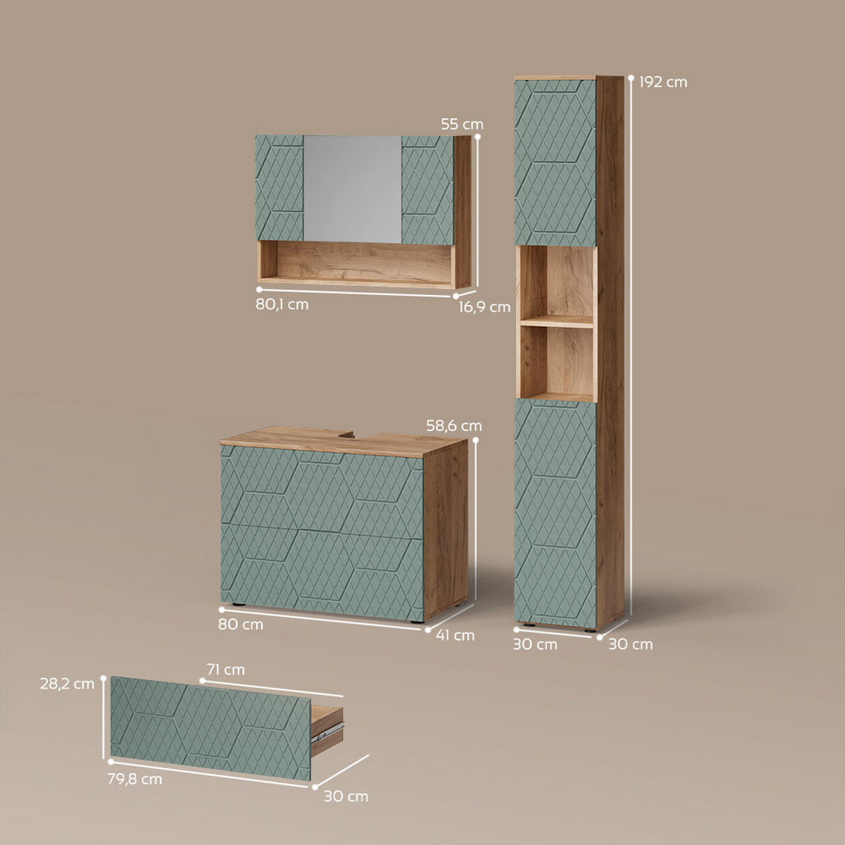 BADMÖBEL-SET Ronco Grün/Goldkraft Eiche 3 Teile, mit Spiegelschrank 80 cm - Eiche Wotan/Grün, Holzwerkstoff (80/58/41cm) - Livinity®