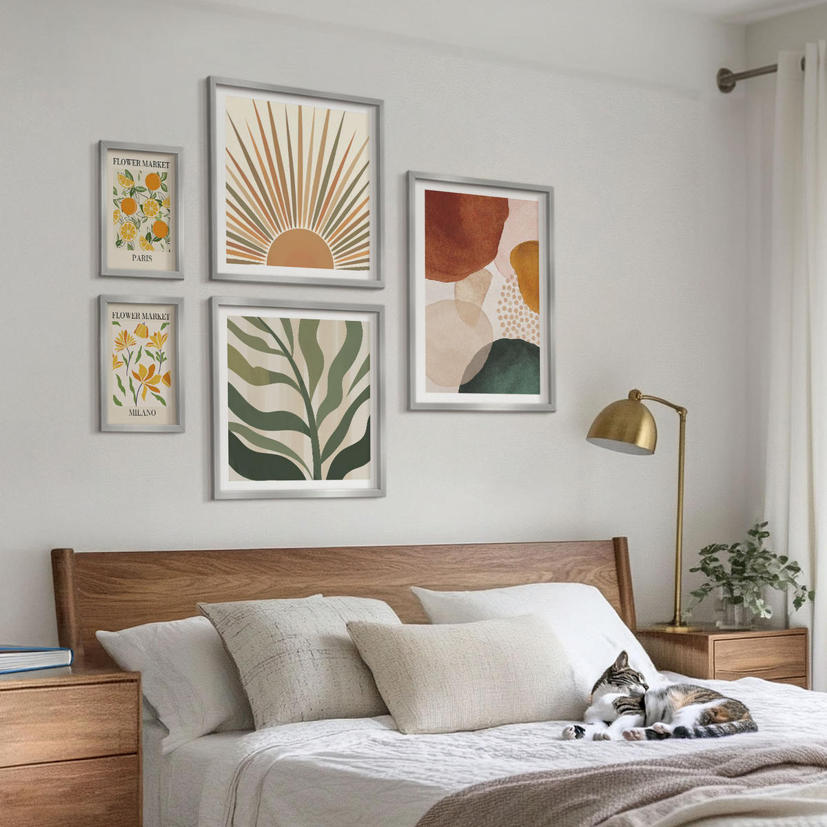WANDBILDER 5er Set - 50x50 cm & 20x30 cm & 40x60 cm Silberner Rahmen - Abstrakte Blumenmotive - Silberfarben, Kunststoff (40/60cm) - ArtPrintCave