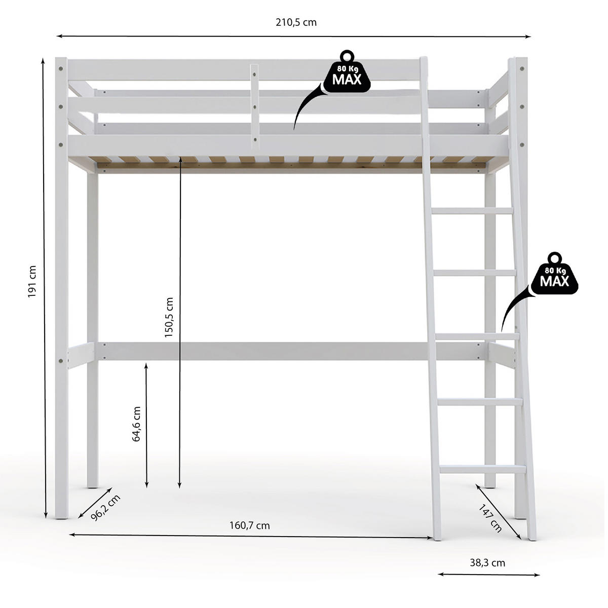 HOCHBETT STUDIO mit Lattenrost / Hochbett 90x200 - Weiß - Weiß, Holz (90/200cm) - Weber Industries