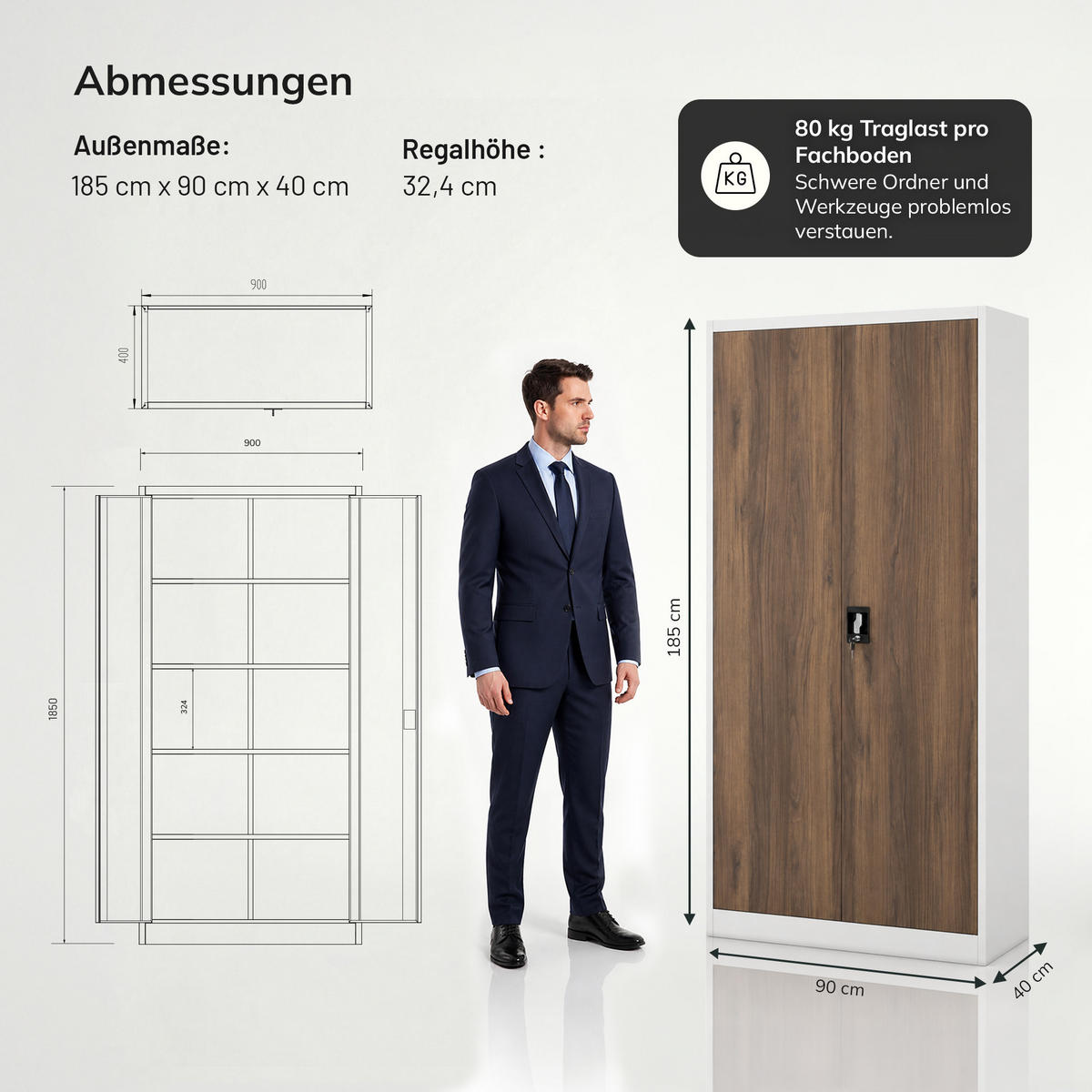 BÜROAKTENSCHRANK JAN 185 x 90 x 40 cm - Nussbaumfarben/Weiß, Metall (90/185/40cm) - Jan Nowak