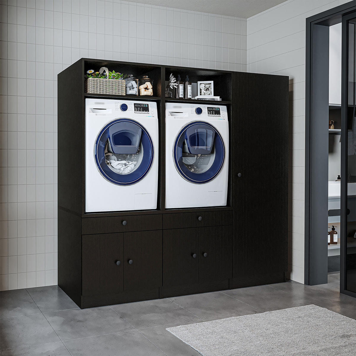 WASCHMASCHINENSCHRANK Serie 1 194cm Breit, 184cm Hoch - Schwarz, Holzwerkstoff (194/184/67cm)