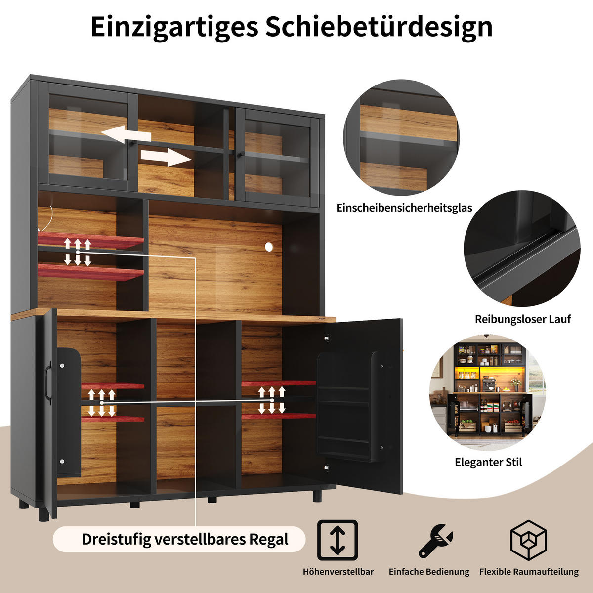 HOCHSCHRANK 185Cm LED App Schiebetüren Holzoptik Schwarz - Schwarz, Holzwerkstoff (140/185/40cm) - FLIEKS
