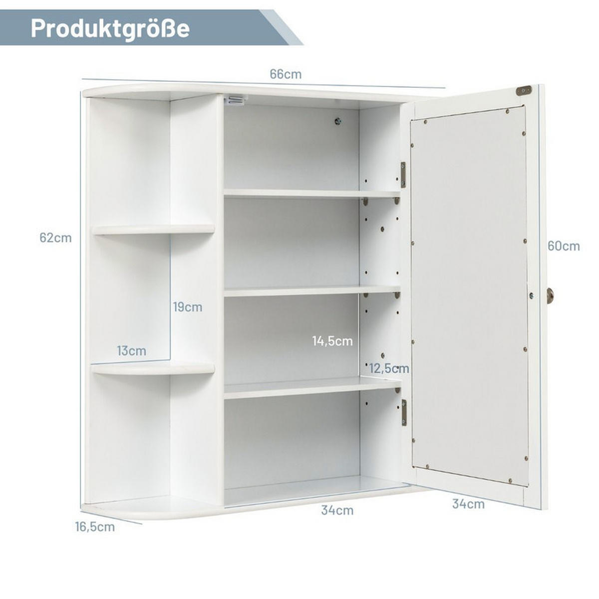 SPIEGELSCHRANK BAD mit 4 Fächern weiß - Weiß, Holzwerkstoff (66/62/16.5cm) - COSTWAY