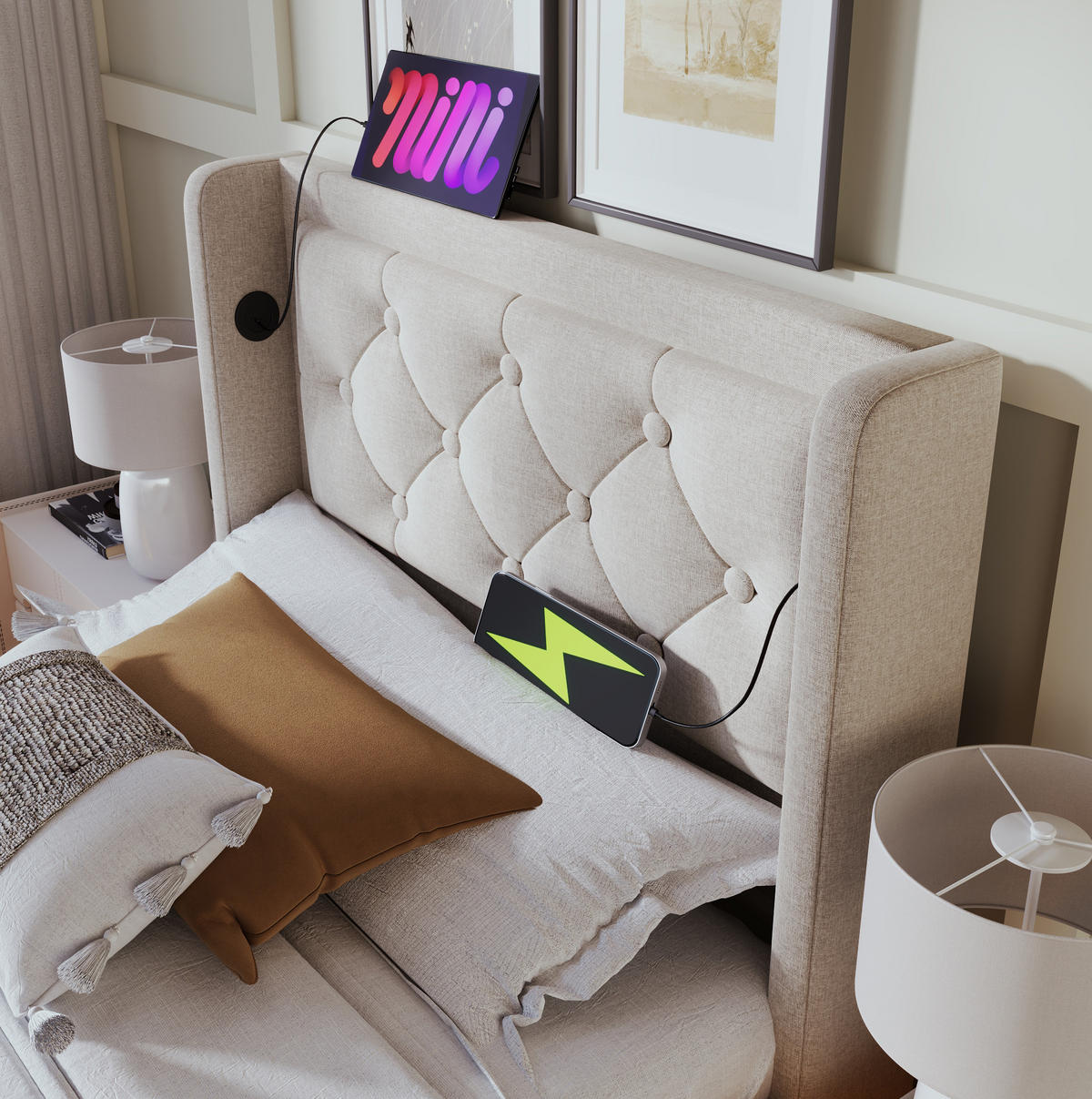 POLSTERBETT 90/200 cm mit hydraulischem Bettkasten, USB/Typ-C & 3-seitiger LED, Beige - Beige, Textil (90/200cm) - Redom