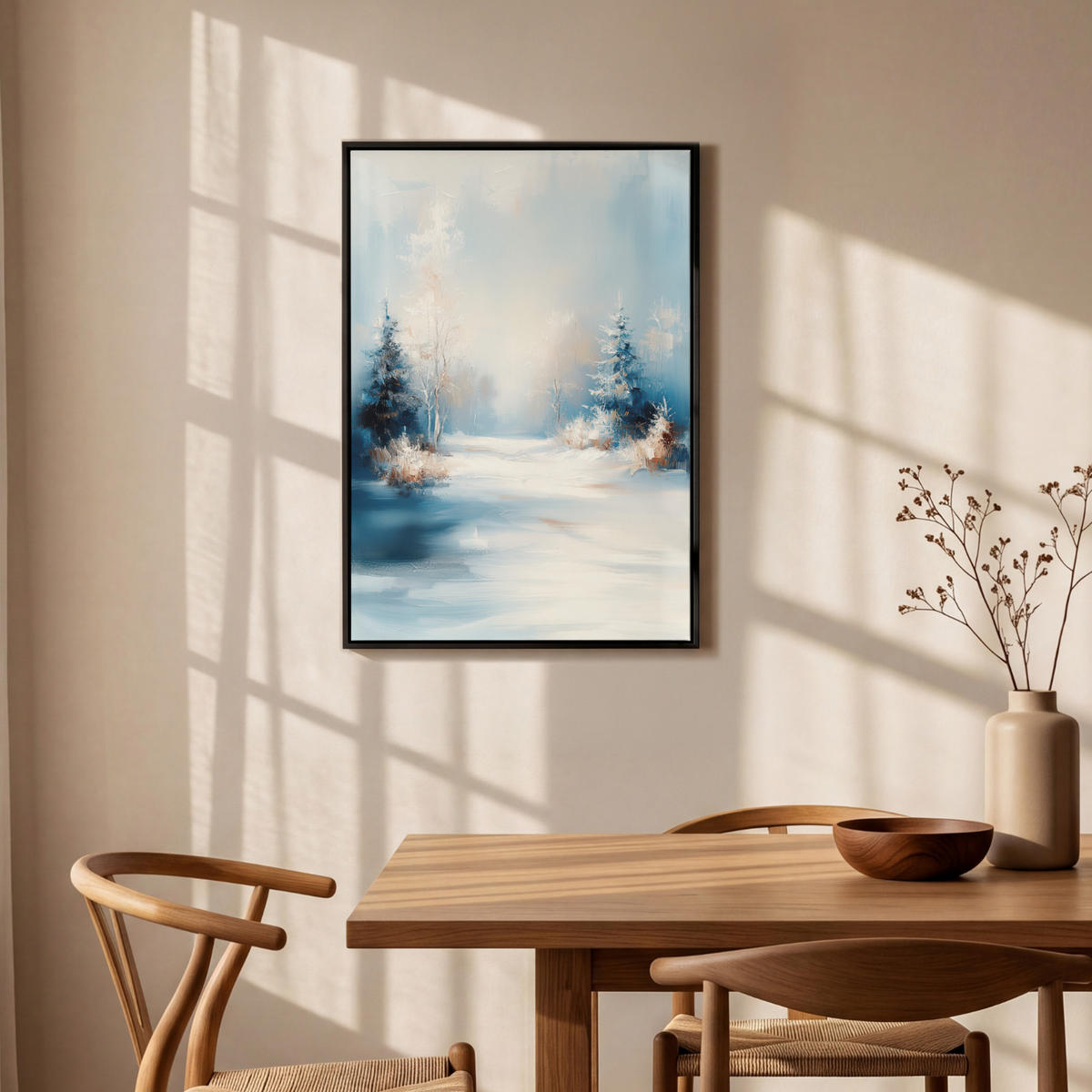 LEINWAND Bilder mit Rahmen - Wald – Winter – Natur – Abstrakt – Schnee - 60x90 - Weiß, Textil (60/90cm) - MuchoWow