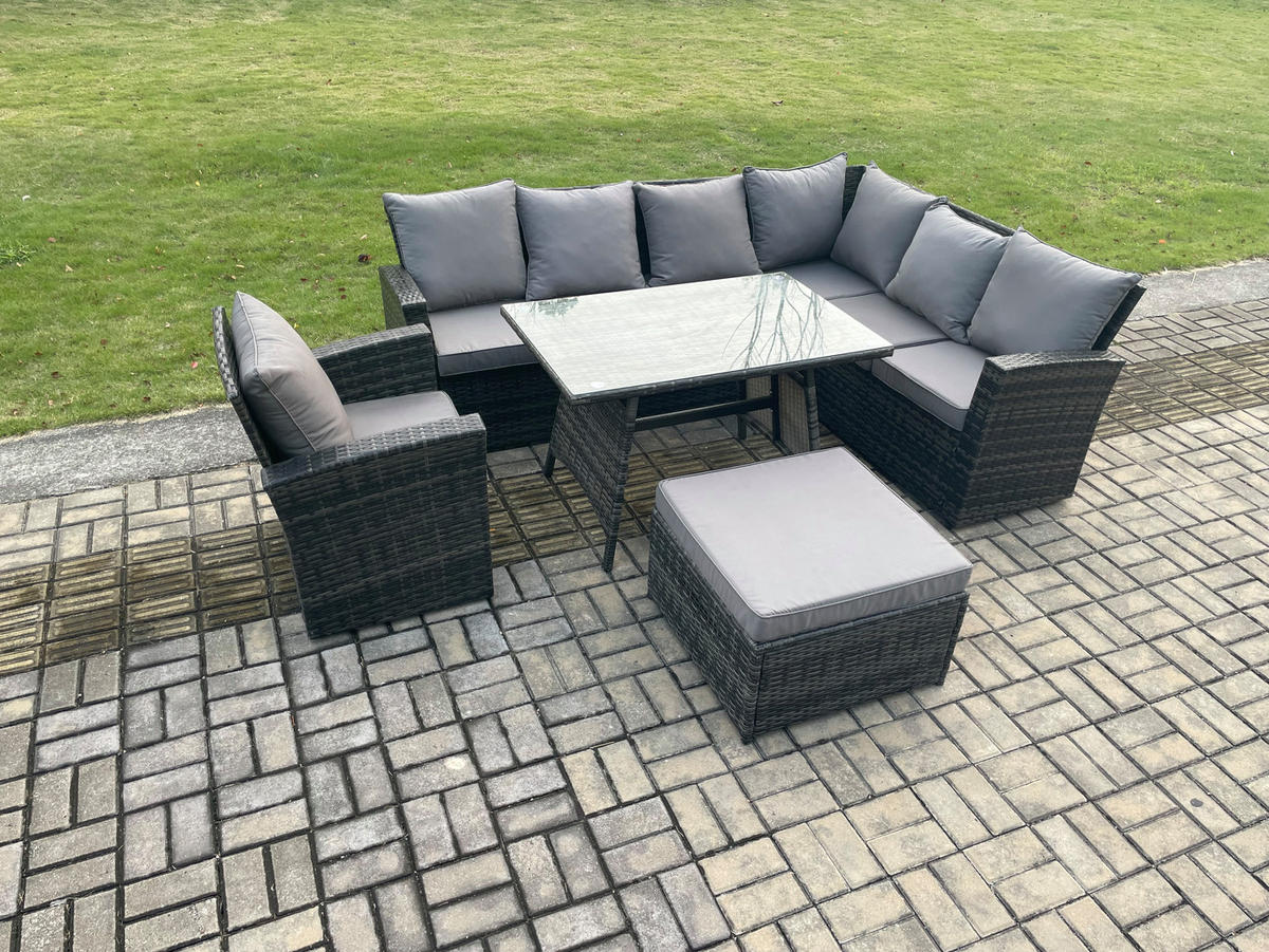 LOUNGEMÖBEL-SETS mit Esstisch Sofa Polyrattan Dunkelgrau 8-Sitzer - Dunkelgrau/Grau, Glas/Kunststoff - Fimous