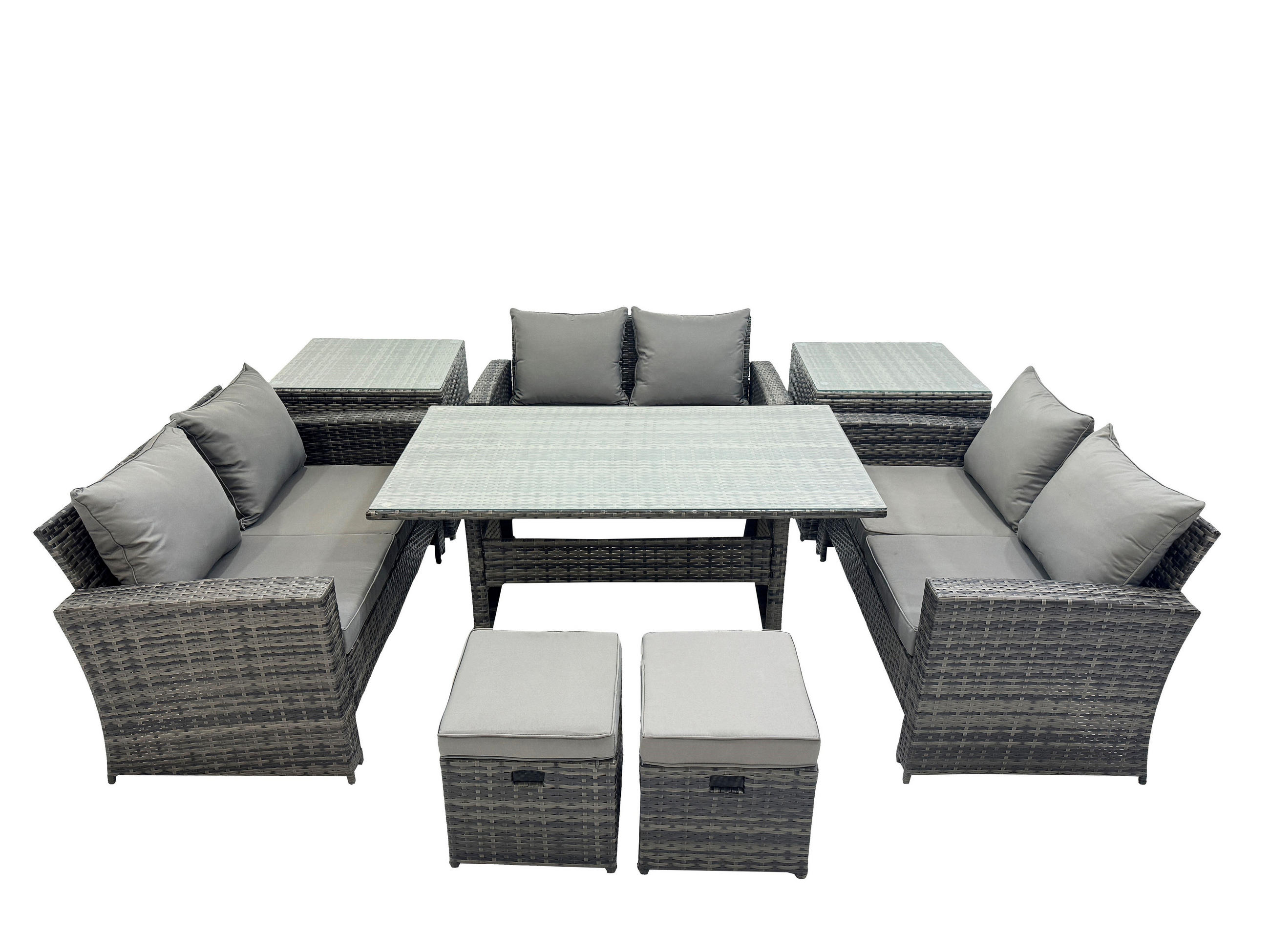 GARTENMÖBELSET mit Zweisitzer,2 kleine Fußhocker,Esstisch,2 Beistelltischen Polyrattan Dunkelgrau 8-Sitzer - Dunkelgrau/Grau, Glas/Kunststoff - Fimous