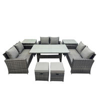 GARTENMÖBELSET mit Zweisitzer,2 kleine Fußhocker,Esstisch,2 Beistelltischen Polyrattan Dunkelgrau 8-Sitzer - Dunkelgrau/Grau, Glas/Kunststoff - Fimous