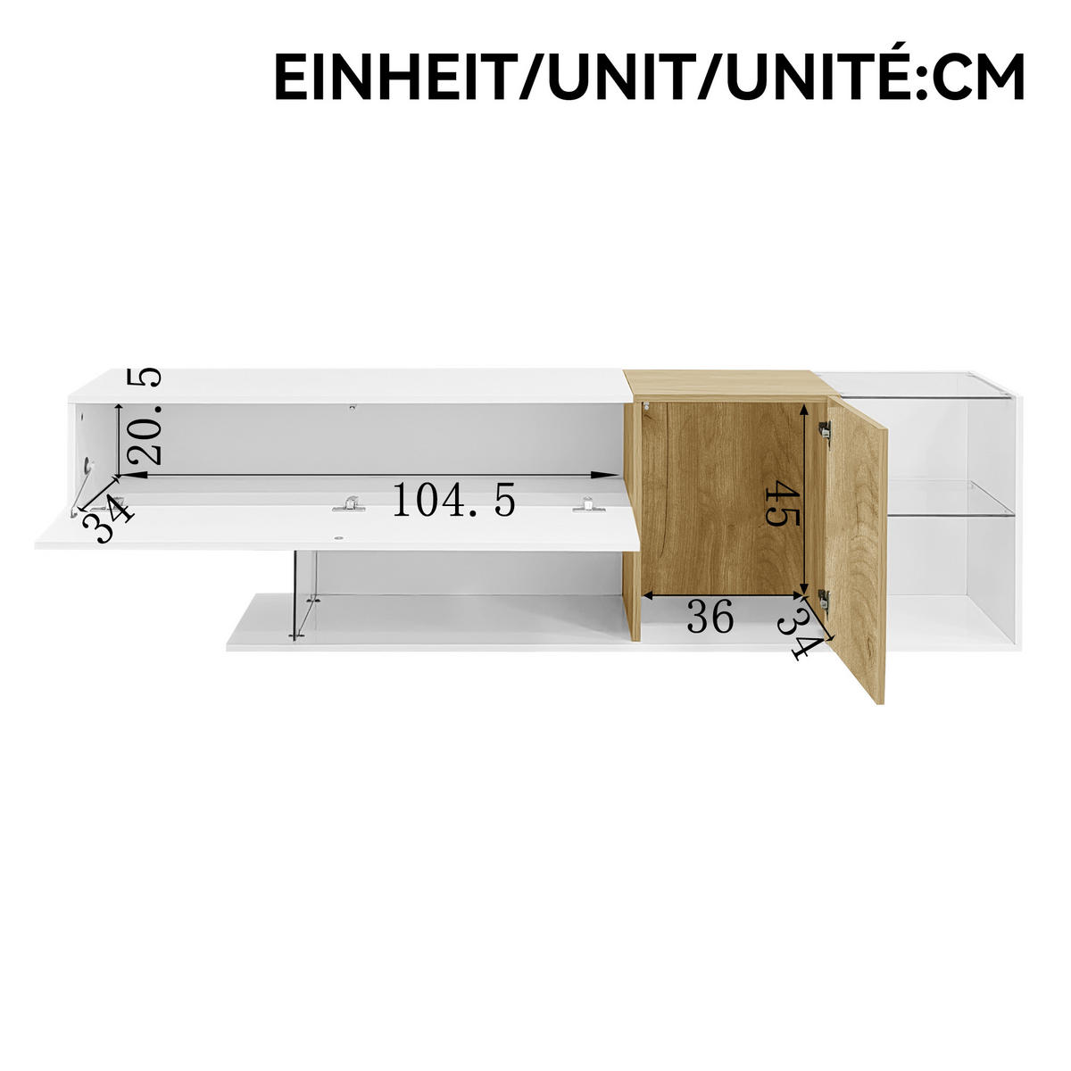TV-KOMMODE in Hochglanz Weiß mit Holzoptik und Glasregalen 180/38/48 cm - Weiß, Holzwerkstoff (180/48/38cm) - Redom