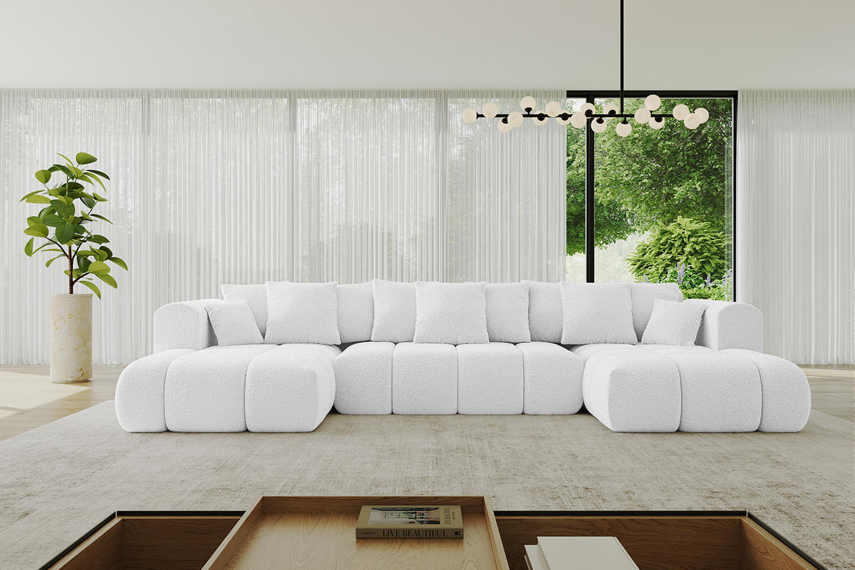 WOHNLANDSCHAFT Ottomane Links CLOUD-U-v1 414x180x40 Weiß Bouclé - Weiß, Holzwerkstoff/Kunststoff (414/90/180cm) - ALTDECOR