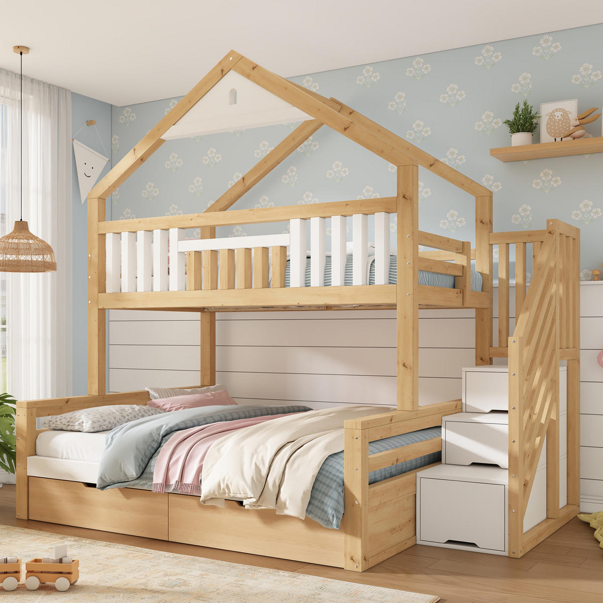 ETAGENBETT Holz 140x200 cm Weiß & Eiche mit Treppenschrank, 2 Schubladen und Giebeldach - Weiß, Holz (140/200cm) - Modfu