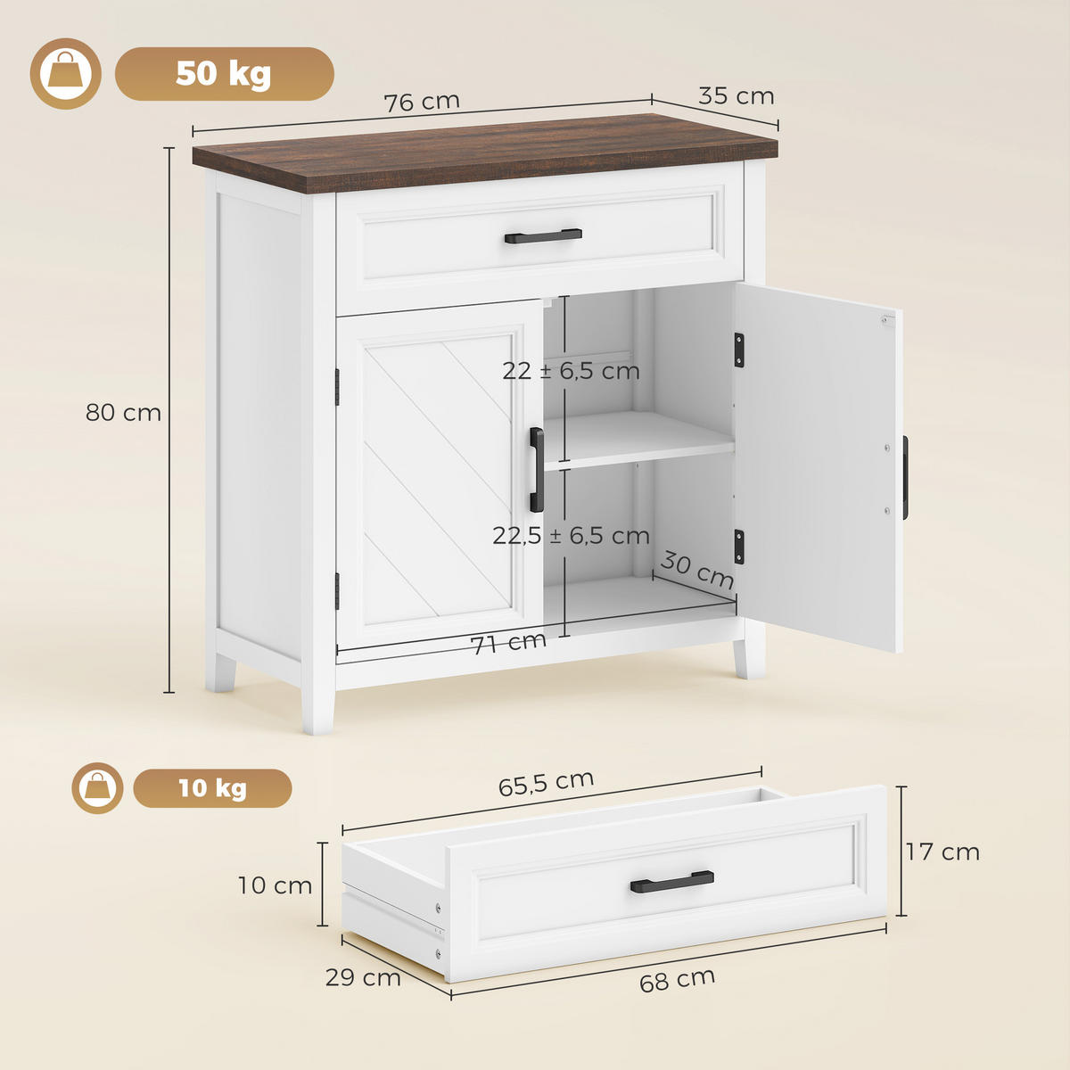 SIDEBOARD Weiß/Holzfarben, 2 Türen, 76/35/80 cm - Weiß, Holz (76/80/35cm) - PANGIVO