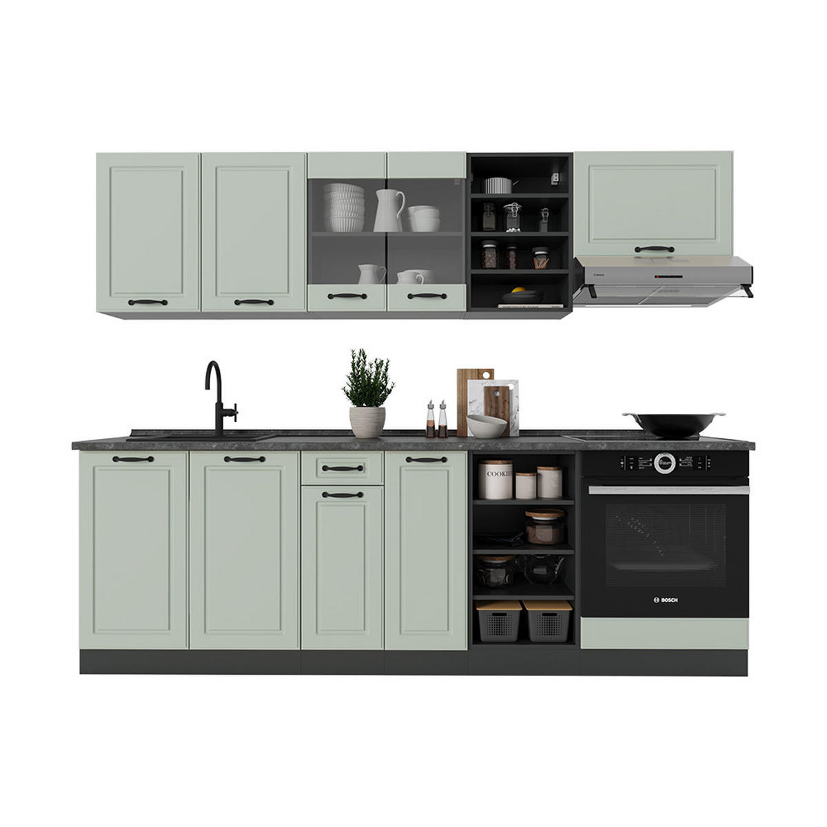 KÜCHENZEILE R-Line, Mint Landhaus/Anthrazit, 240 cm Arbeitsplatte Goldkraft Eiche - Anthrazit/Grün, Holzwerkstoff (240/206.8/60cm) - Vicco