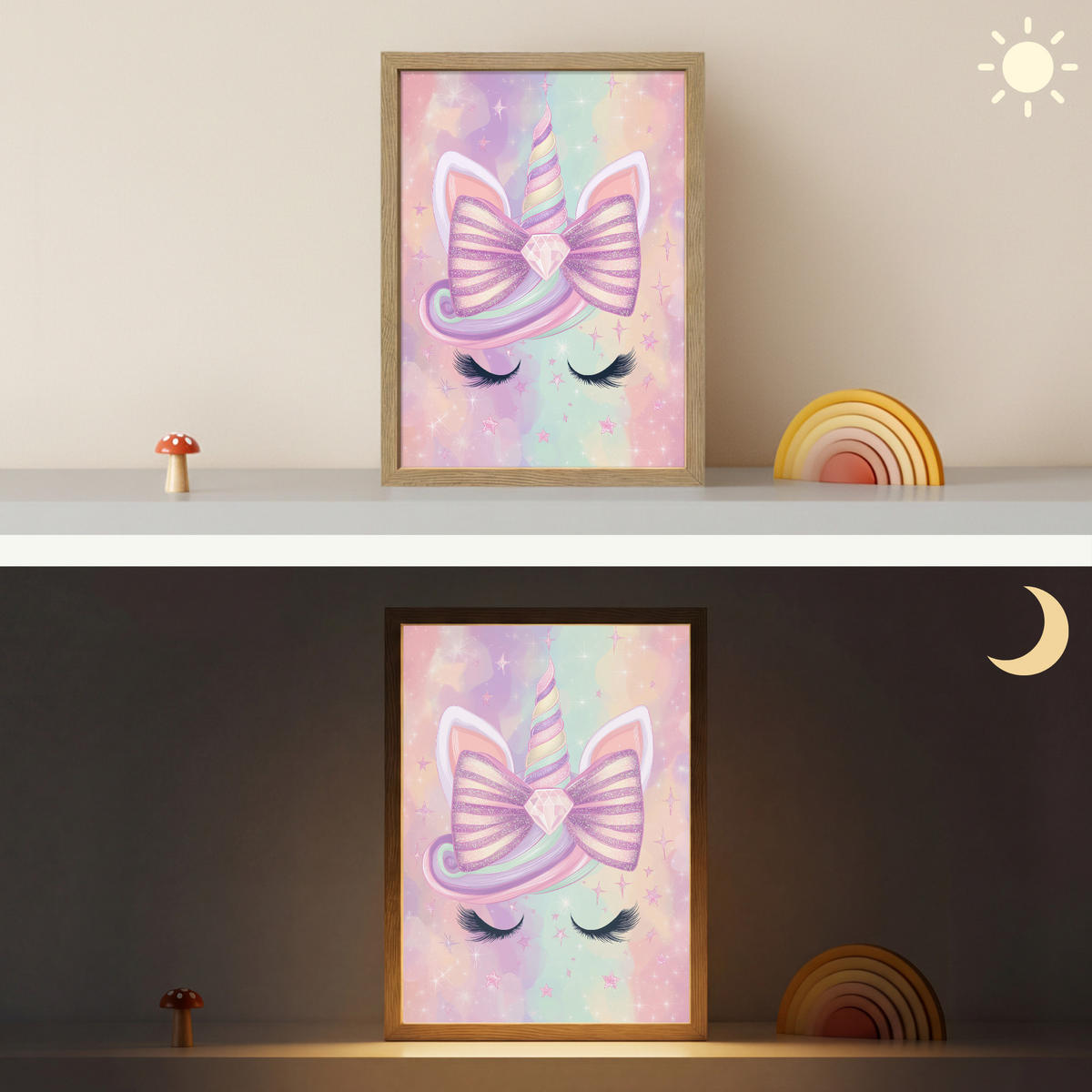NÁSTĚNNÁ LAMPA S AKUMULÁTOREM Jednorožec - Třpytky - Duha - Pastelové barvy 30x40 cm - světle růžová, kompozitní dřevo (30/40/8cm) - OnlyWow