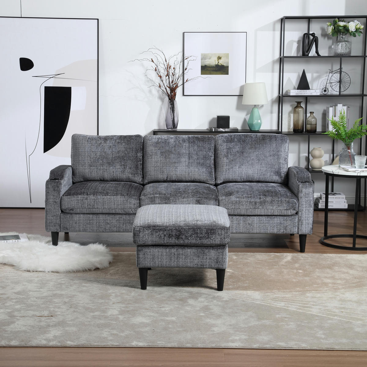 ECKSOFA 163/121/66 cm Grau mit 1 Aufbewahrungshocker, Aufbewahrungstasche und Getränkehalter - Grau, Textil (196.5/75cm) - Oxeza