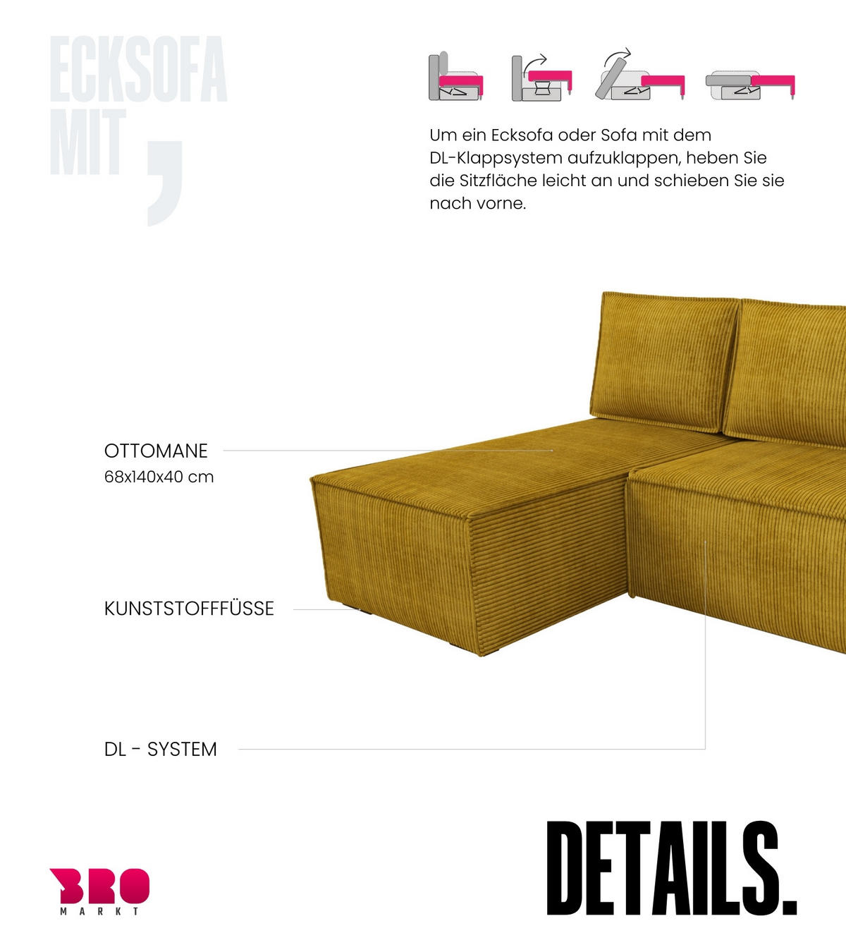 ECKSOFA Hector mit Schlaffunktion Gelb Cord - Gelb, Textil (200/141cm) - Bromarkt