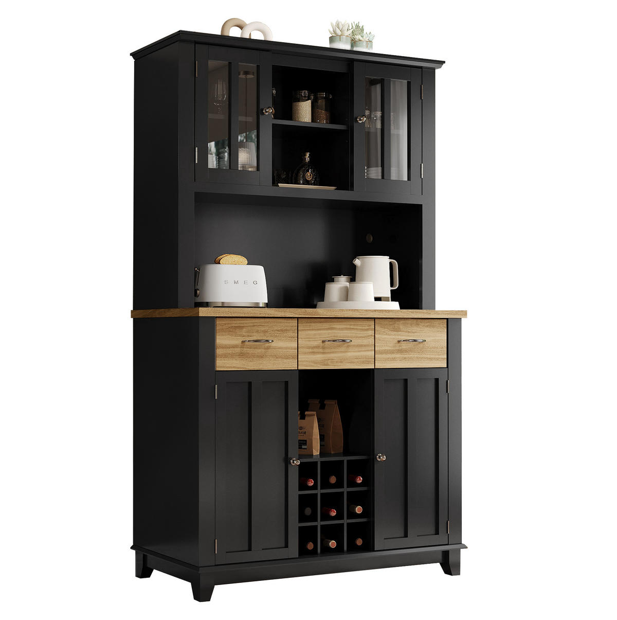 BUFFET aus MDF 106x40x179,5 cm Schwarz mit LED-Beleuchtung, Weinregal und Kippschutz - Schwarz, Holzwerkstoff (106/179.5/40cm) - Modfu