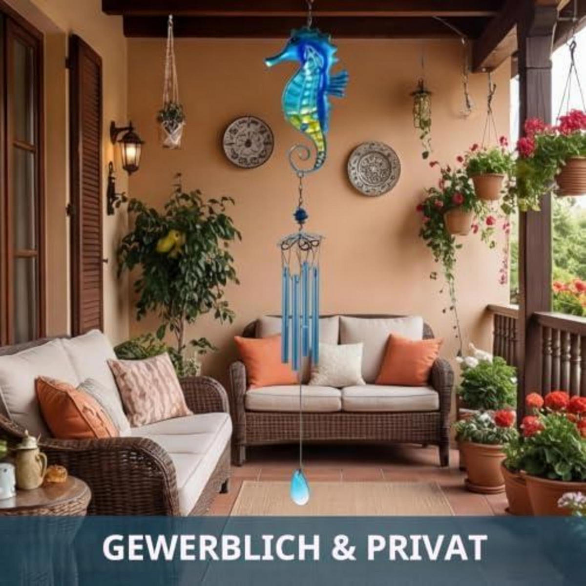 WINDSPIEL Seepferdchen Glas Blau 89 cm - Multicolor, Glas (85.5/11.5/3cm)