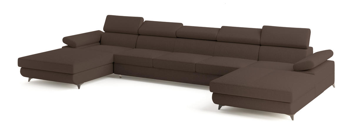 WOHNLANDSCHAFT VIVENTE Braun Boucle-Stoff mit Schlaffunktion - Braun, Holz (410/89/190cm) - MASSENO