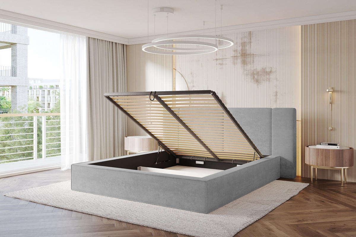 POLSTERBETT mit Bettkasten und Lattenrost, Boxbett ohne Matratze - RIVO 180x200 Grau - Hellgrau, Holzwerkstoff/Textil (180/200cm) - ALTDECOR