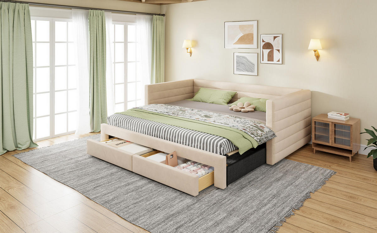 POLSTERBETT 90/180/190 cm Beige aus Baumwolle und Leinen mit 2 Schubladen - Beige, Textil (90/190cm) - OKMYHOME