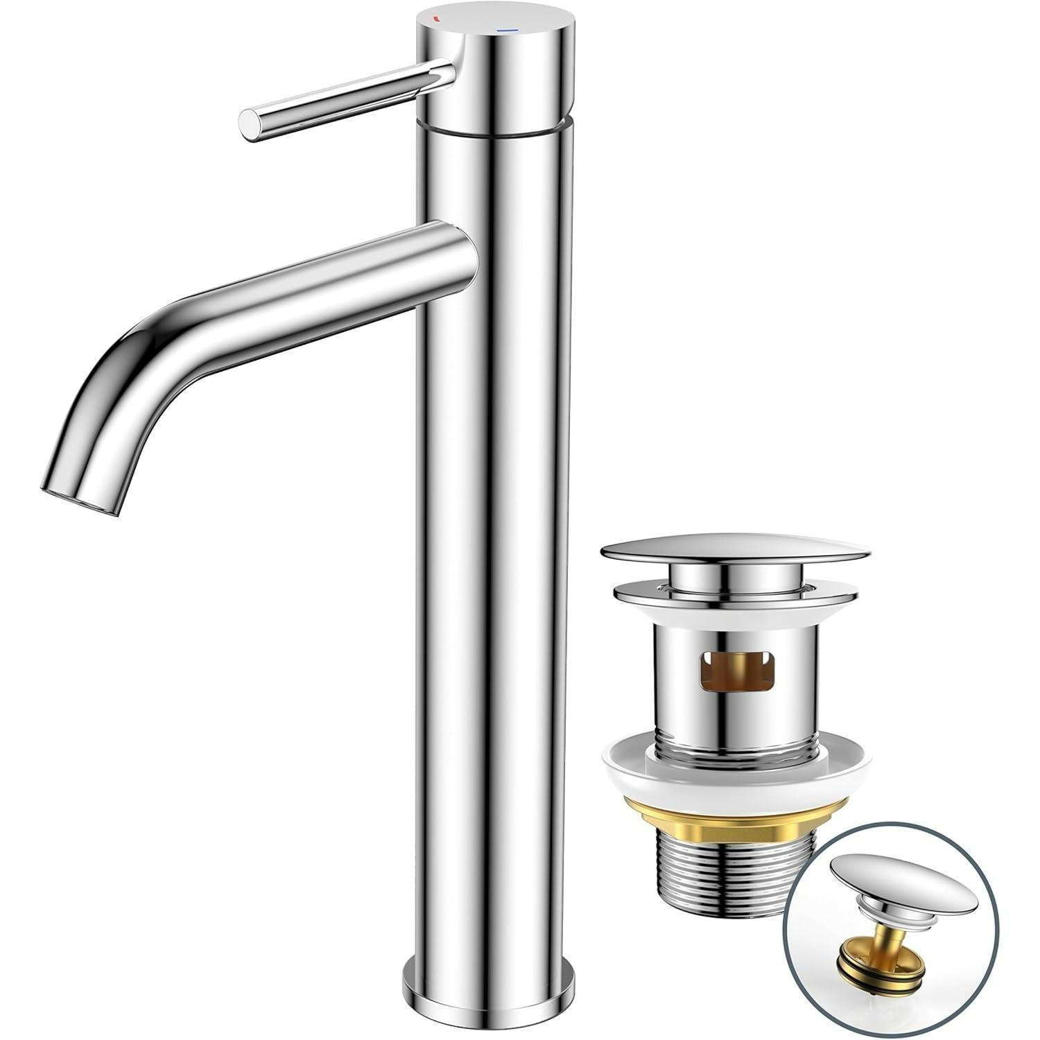WASCHTISCHARMATUR Hoch mit Ablaufgarnitur 190 mm Auslaufhöhe Chrom - Silberfarben, Metall (15.8/25/6cm)
