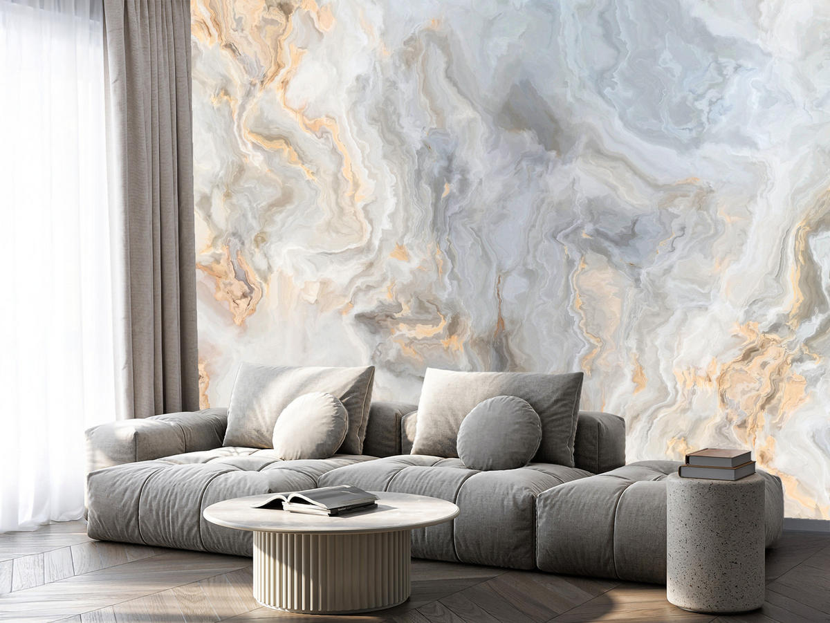 FOTOTAPETA Pre Kuchyňu Sivá Imitácia Mramoru Zlaté Žily 500 x 350 cm - oranžová/sivá, papier (500/350cm) - Muralo