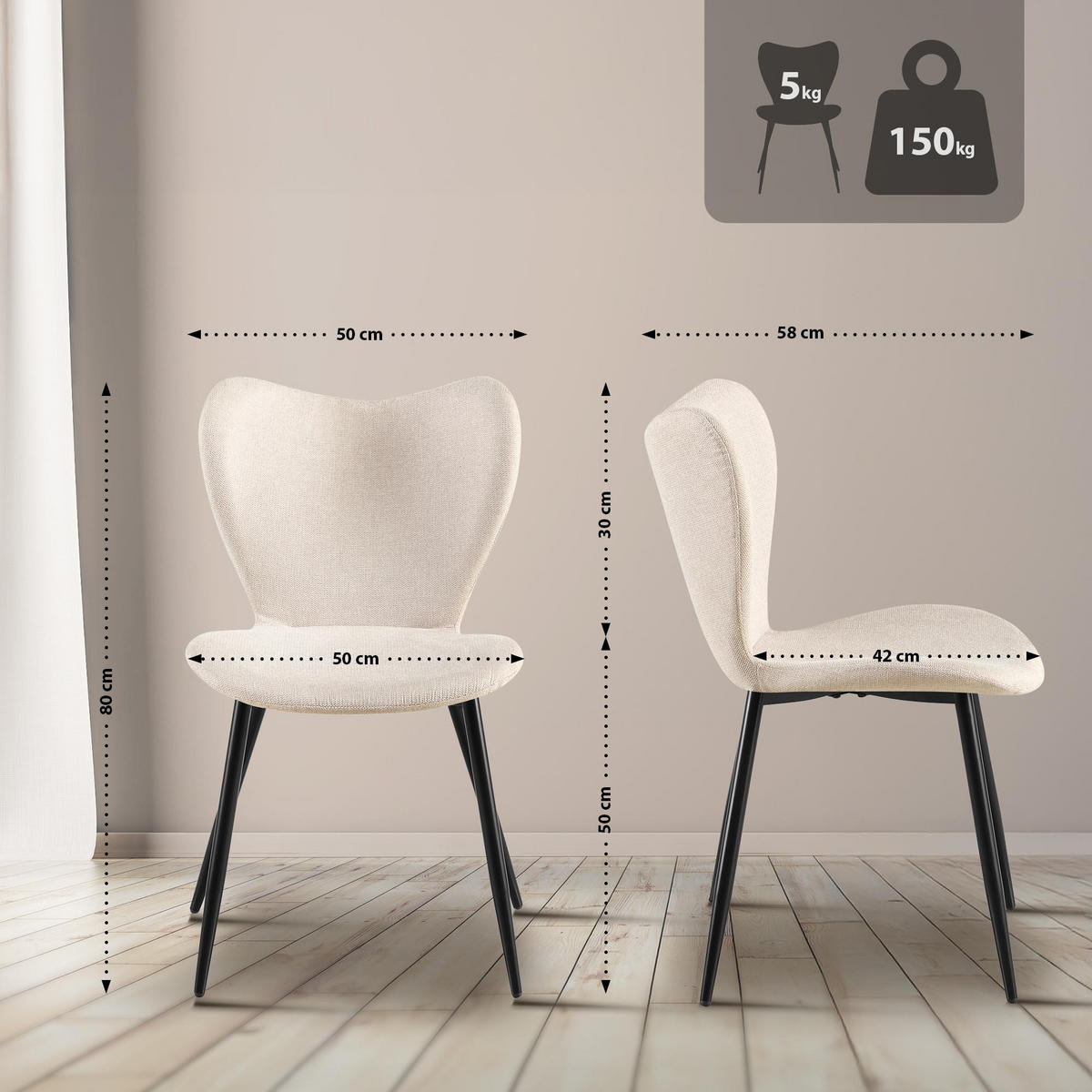 ESSZIMMERSTUHL Stoff Creme - Creme/Schwarz, Textil/Metall (50/80/58cm) - CLP