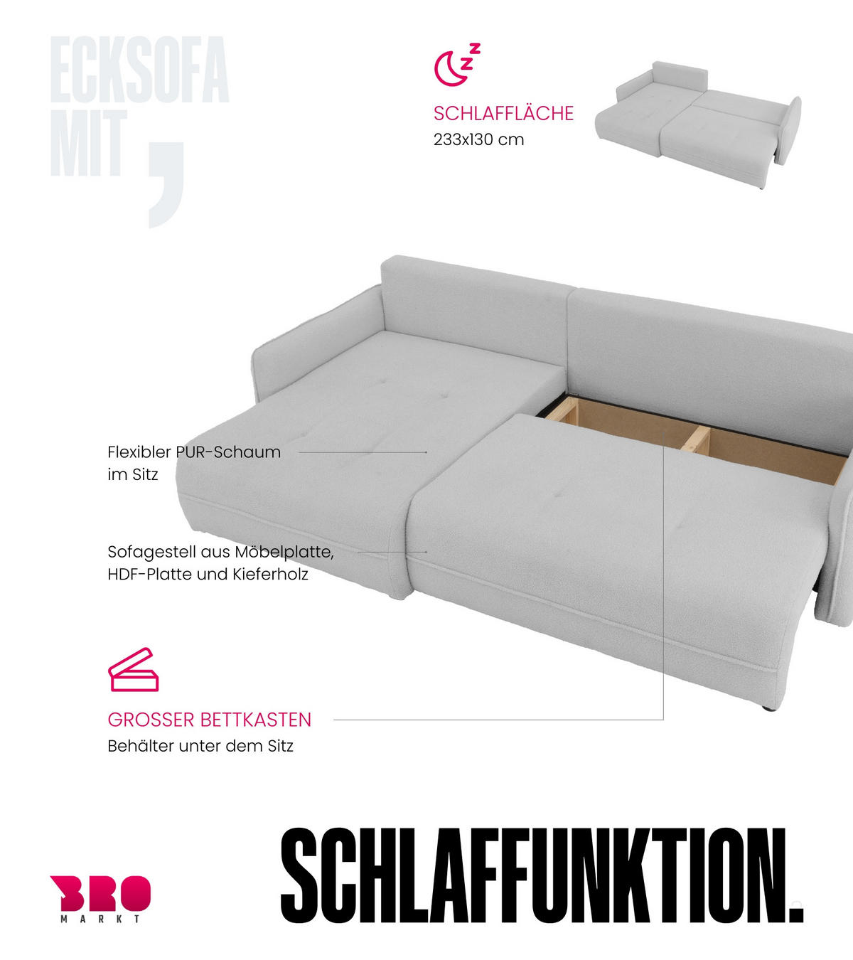 ECKSOFA CLAUDIO mit Schlaffunktion Weiß - Weiß, Textil (263/150cm) - Bromarkt