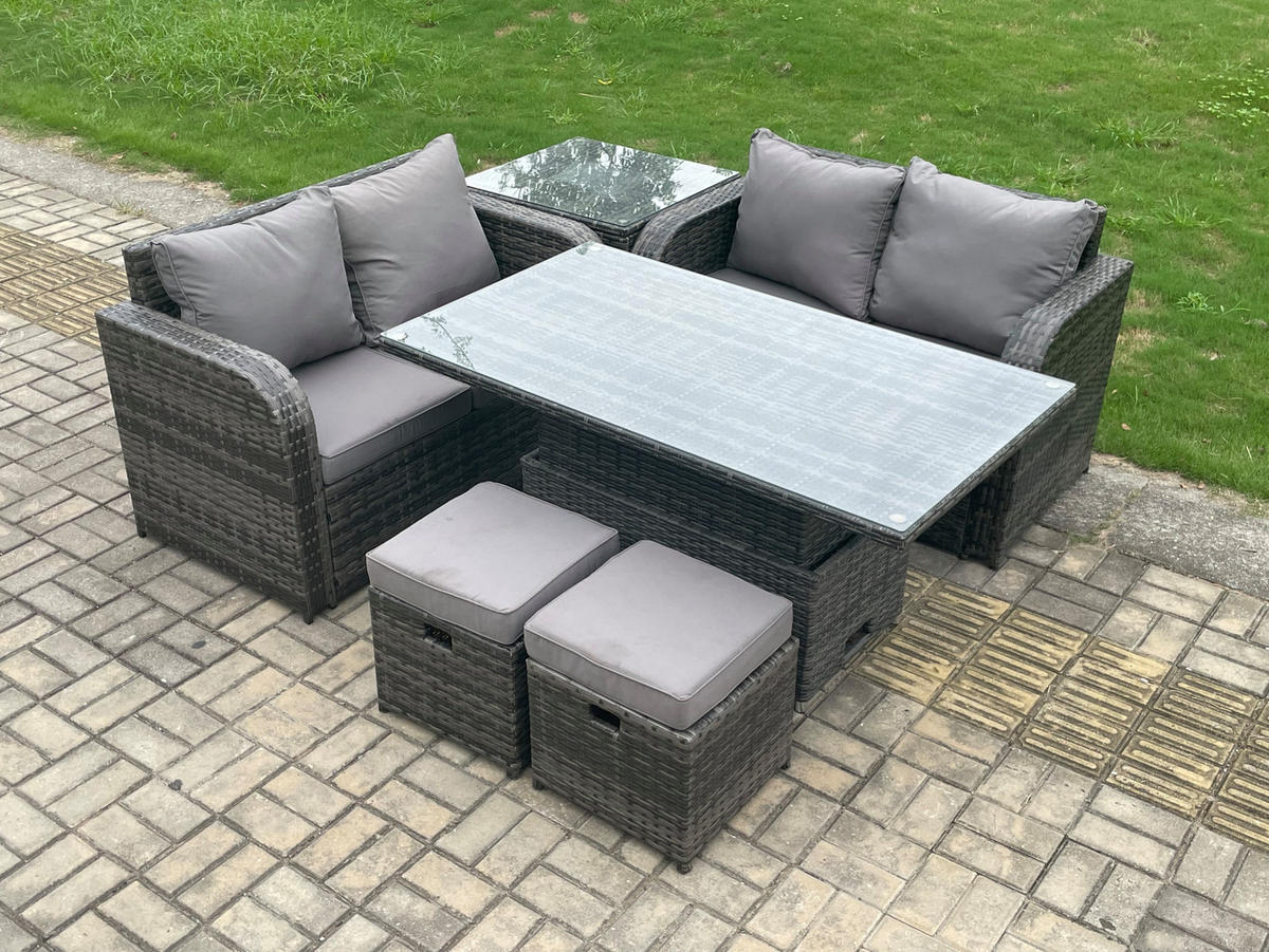 GARTENMÖBELSET Polyrattan 6-Sitzer - Dunkelgrau, Metall - Fimous