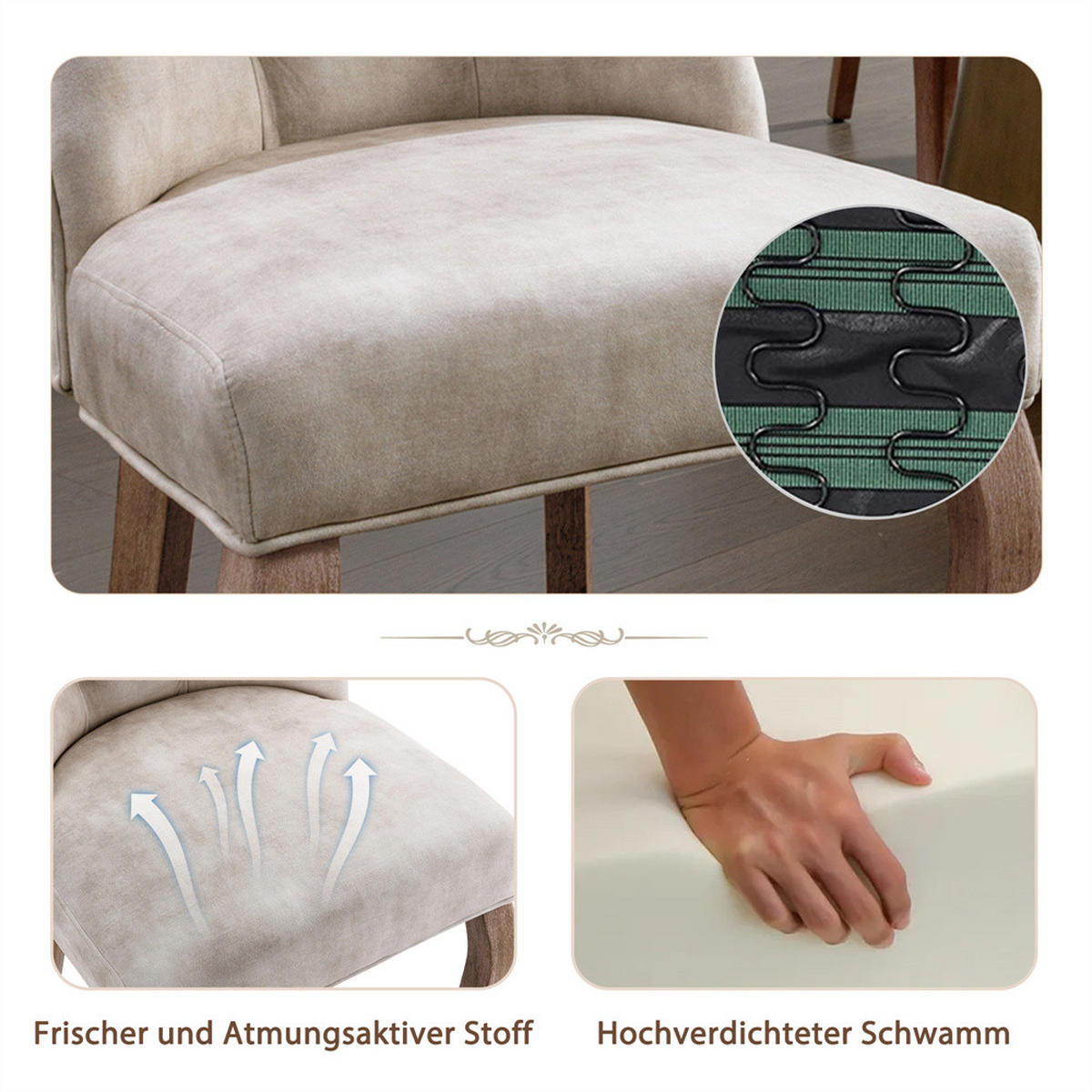 STUHL-SET 6 Stück in Hellbeige Samt - Beige, Holz/Fell (47/97/51cm) - KOMHTOM