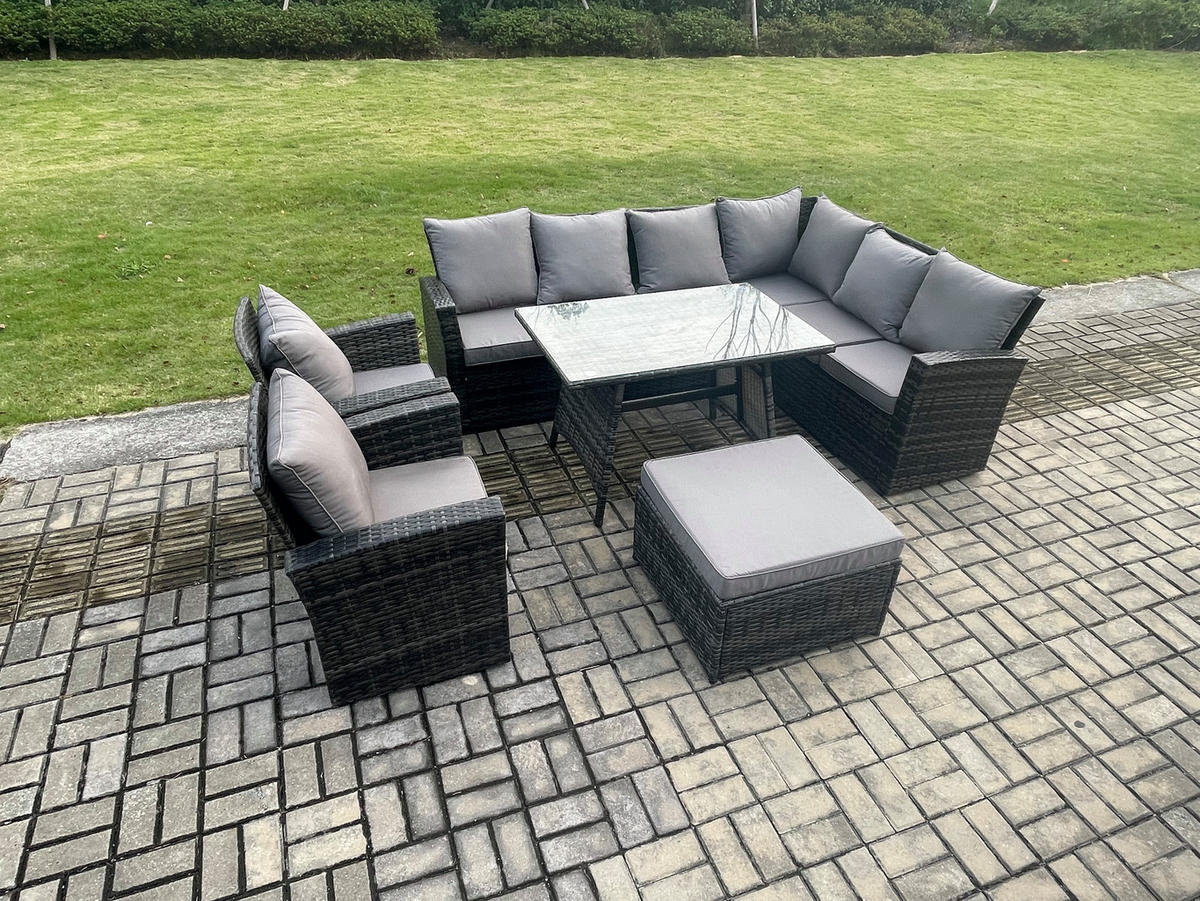 LOUNGEMÖBEL-SETS mit Esstisch Sofa Polyrattan Dunkelgrau 9-Sitzer - Dunkelgrau/Grau, Glas/Kunststoff - Fimous