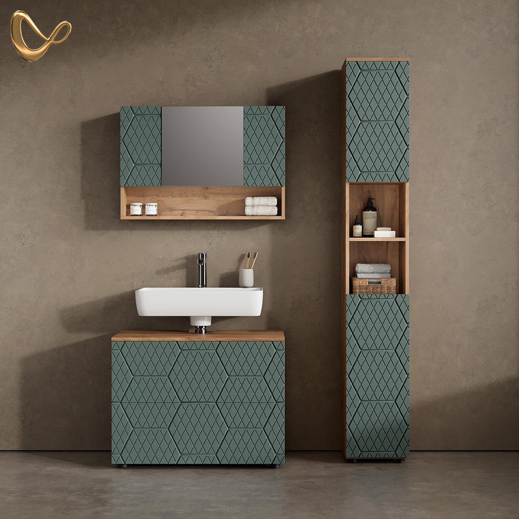 Thumbnail - Livinity® Badmöbel-Set, Grün, Honigeiche, Holzwerkstoff, 5 Fächer, 2 Schubladen, 80x58x41 cm, Badezimmer, Badmöbelsets &...