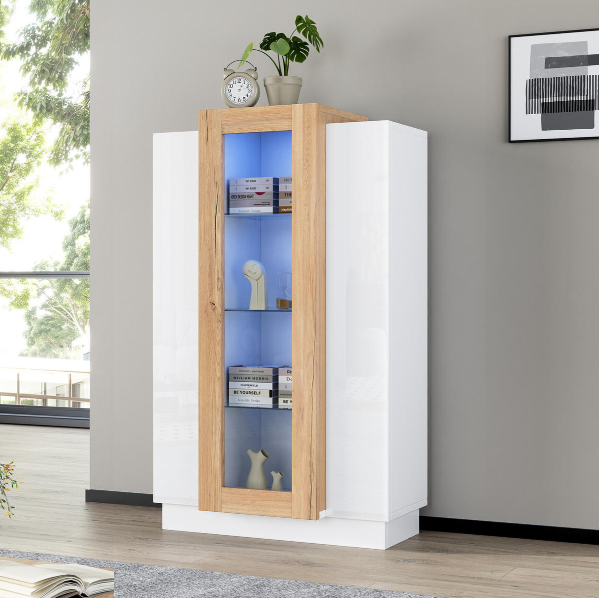 VITRINE 74/40/120 cm aus Spanplatte mit LED-Beleuchtung und Acrylfront Weiß/Natur - Weiß, Holzwerkstoff (74/120/40cm) - Modenvie