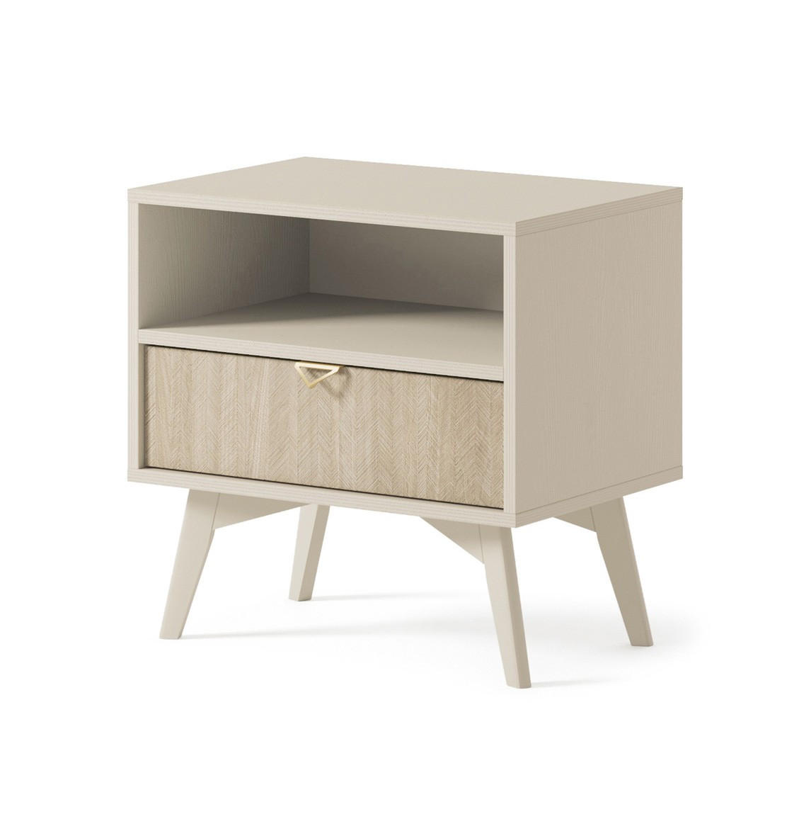 NACHTTISCH Firr S54, Sandbeige, Skandi-Fischgrätmuster, Schlafzimmer, 1 Schublade, 1 Ablage, Goldgriffe - Beige, Holzwerkstoff (54/54/38cm) - Bettso