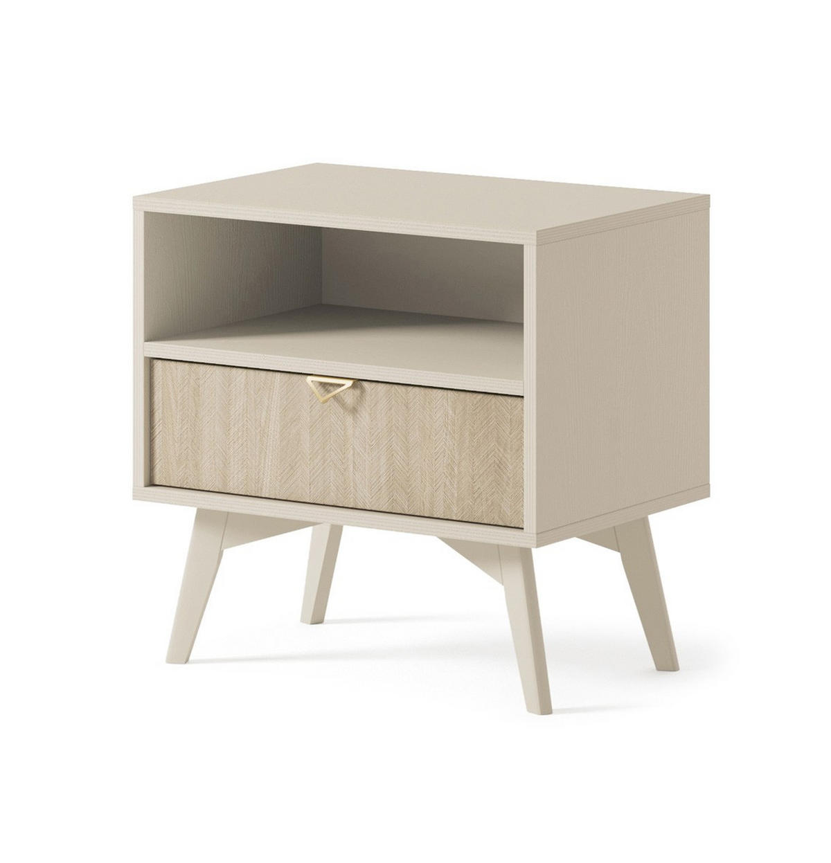 NACHTTISCH Firr S54, Sandbeige, Skandi-Fischgrätmuster, Schlafzimmer, 1 Schublade, 1 Ablage, Goldgriffe - Beige, Holzwerkstoff (54/54/38cm) - Bettso