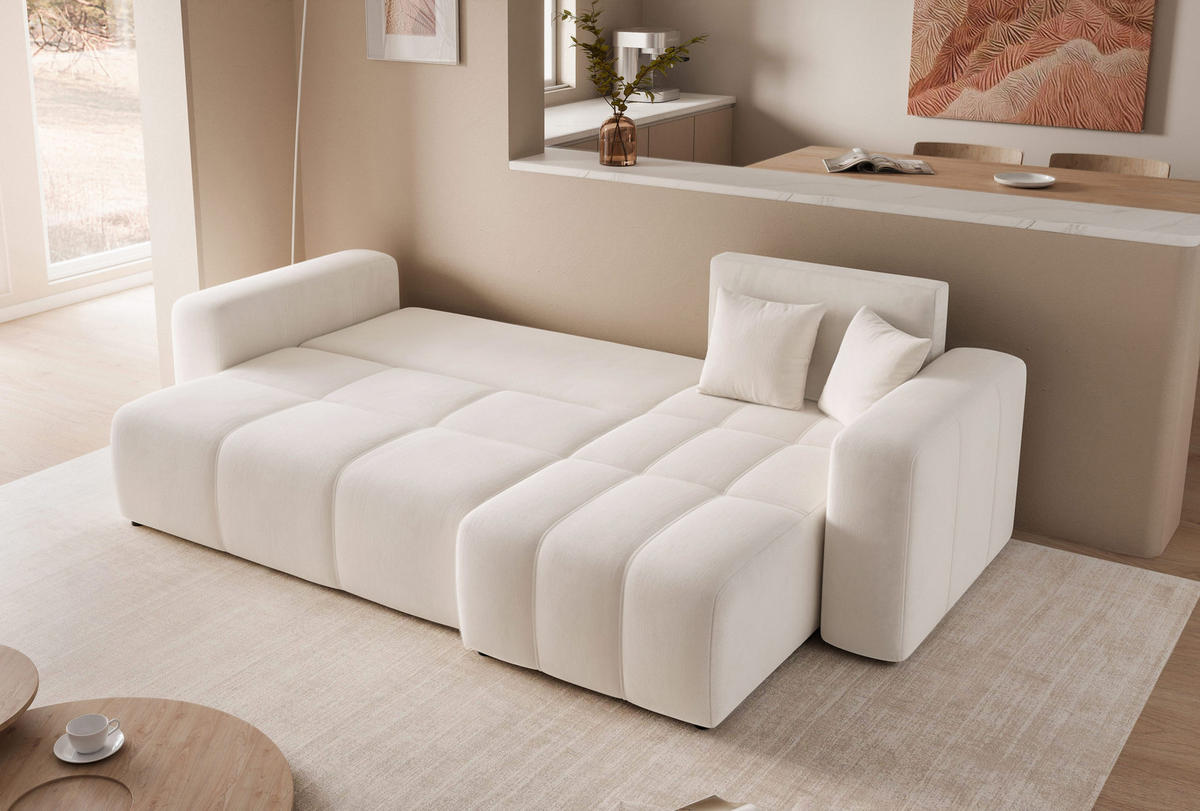 ECKSOFA Creme Velours mit Bettkasten und Schlaffunktion - Creme, Textil (248/145cm) - Idohome