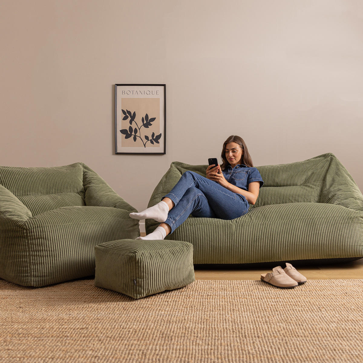 SITZSACK Sofa mit Sessel und Hocker Cecilia - Salbeigrün, Textil (160/70/93cm) - icon