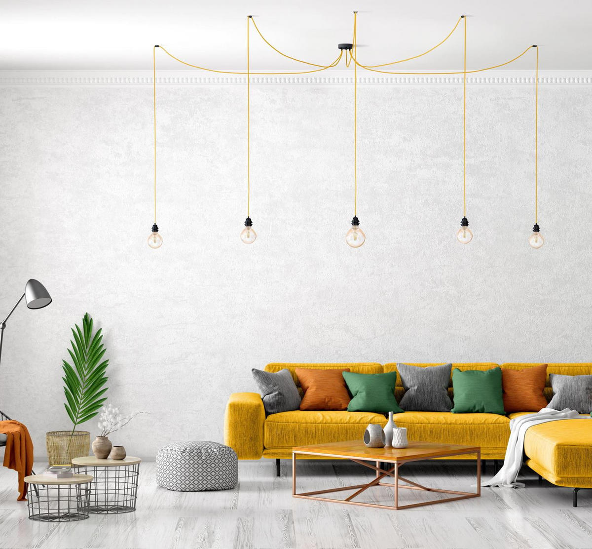 PENDELLEUCHTE Hang 5 Flammig Retro - Gelb, Naturmaterialien (350/1/350cm) - HOOPZI