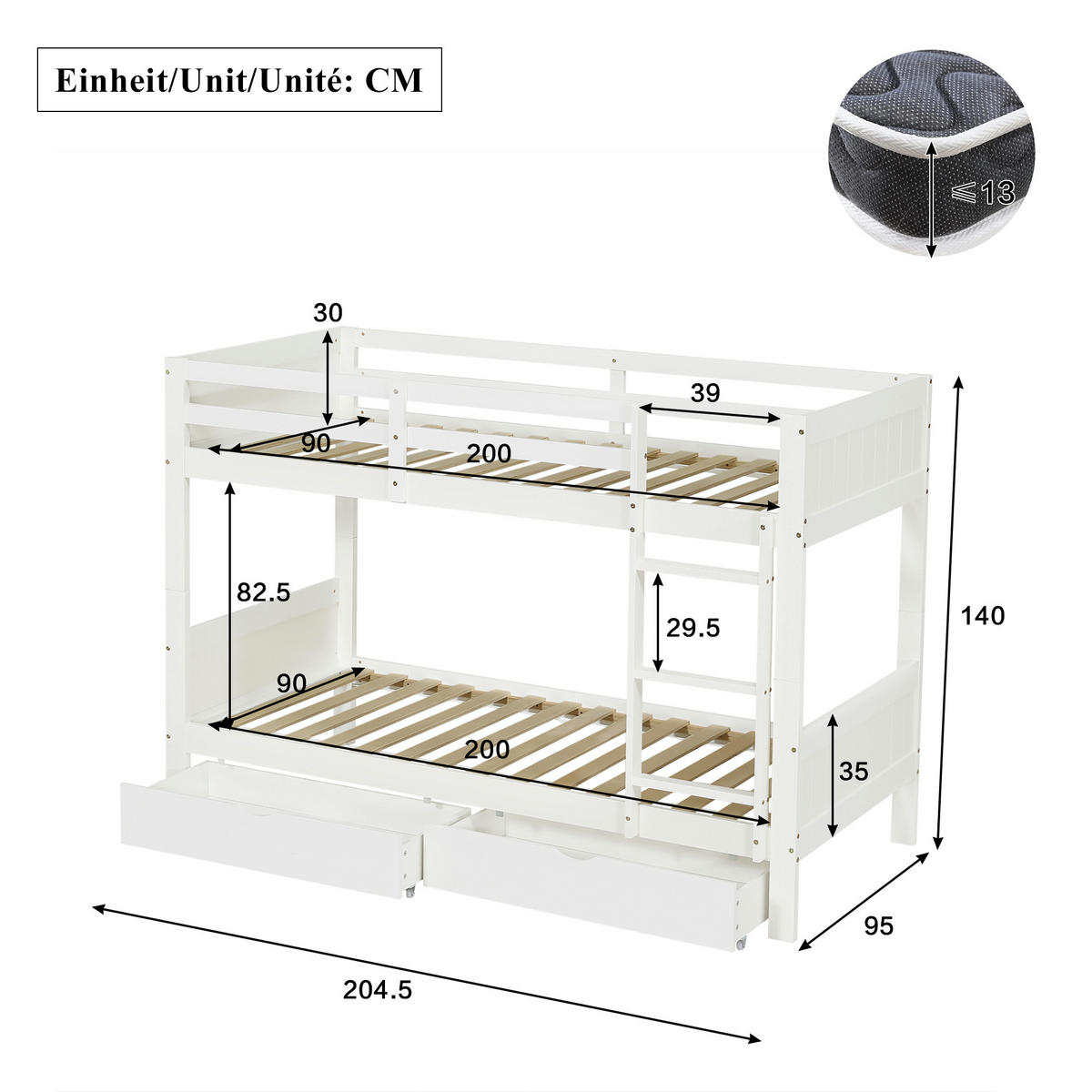 ETAGENBETT 90/200 cm teilbar in 2 Einzelbetten, DE-41730, in Weiß - Weiß, Holzwerkstoff (90/200cm) - ComfortXL