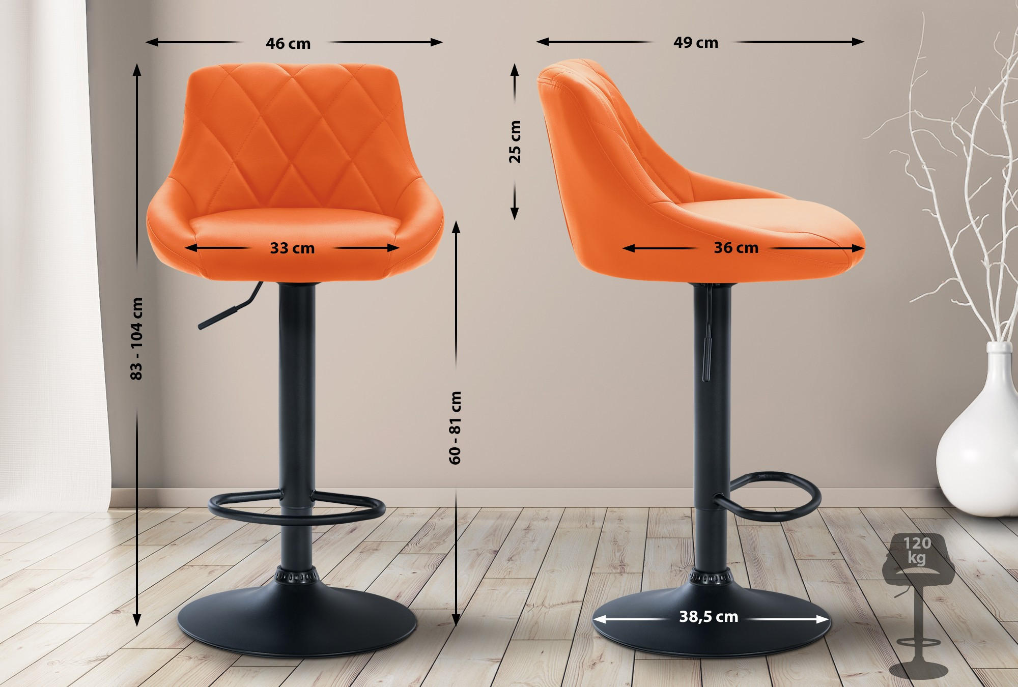 BARHOCKER Lederlook orange - Schwarz/Orange, Textil/Metall (46/83/49cm) - CLP