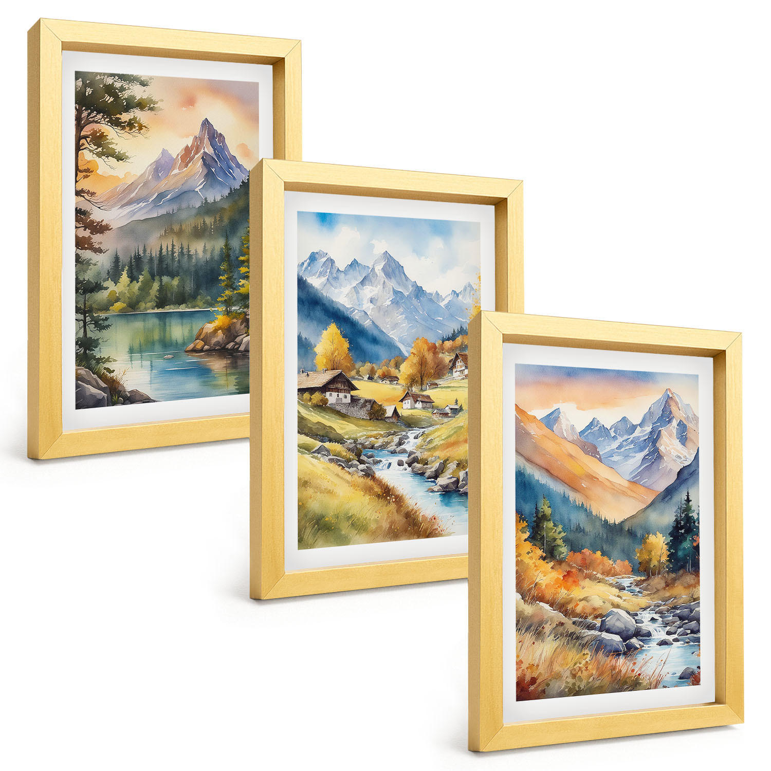 BILDER SET 3er Set - 20x30 cm Goldrahmen - Berglandschaft mit einem Fluss - Goldfarben, Kunststoff (20/30cm) - TULUP