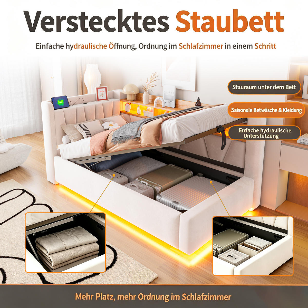BOXBETT 90/200 mit LED/Regal/USB/Bettkasten, Samt, Beige - Beige, Holz (90/200cm) - LVHOM