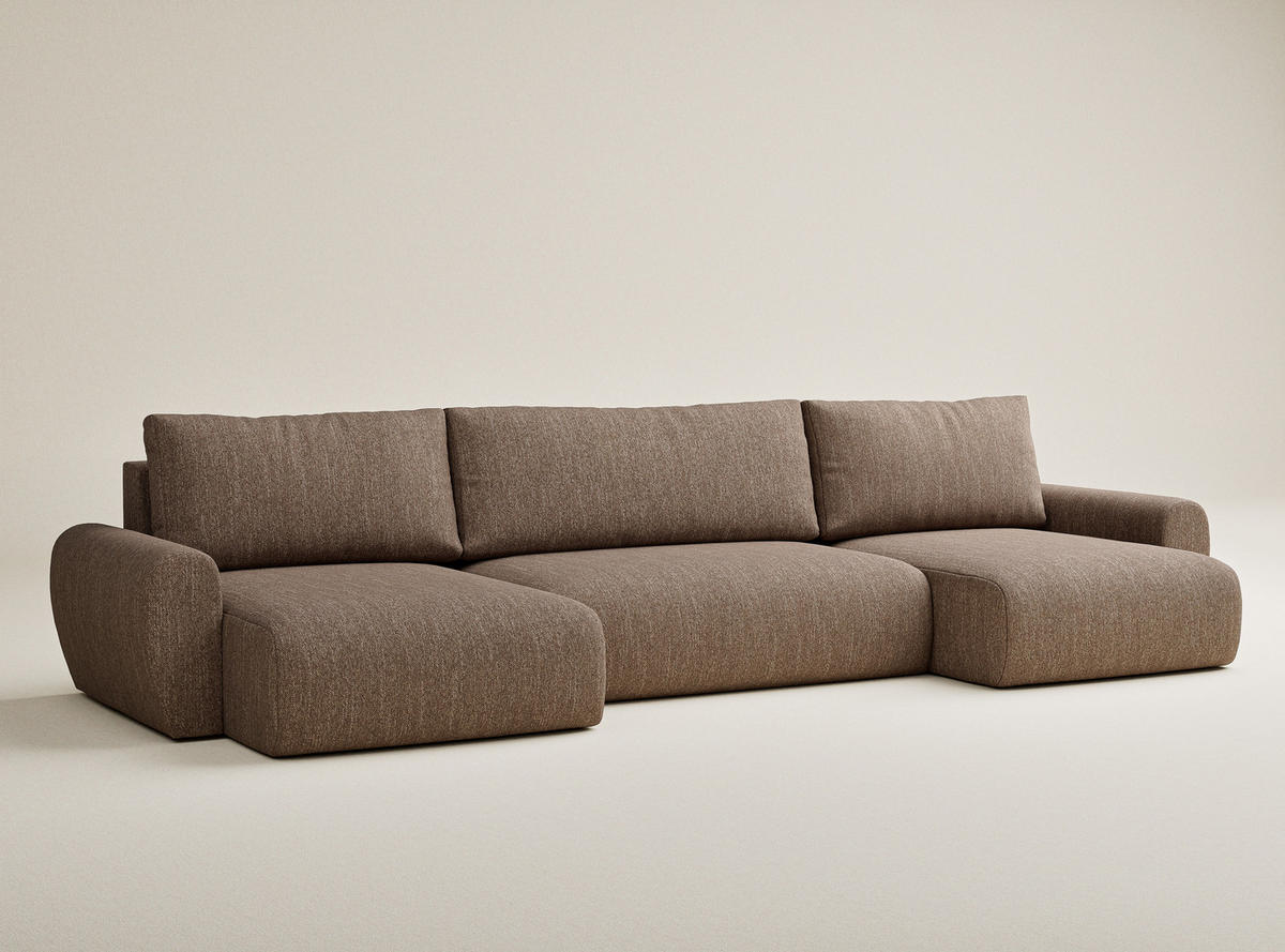 WOHNLANDSCHAFT MIT SCHLAFFUNKTION Numba Hellbraun Webstoff - Hellbraun/Schwarz, Holz/Holzwerkstoff (397/70/153cm) - Maison de Reve