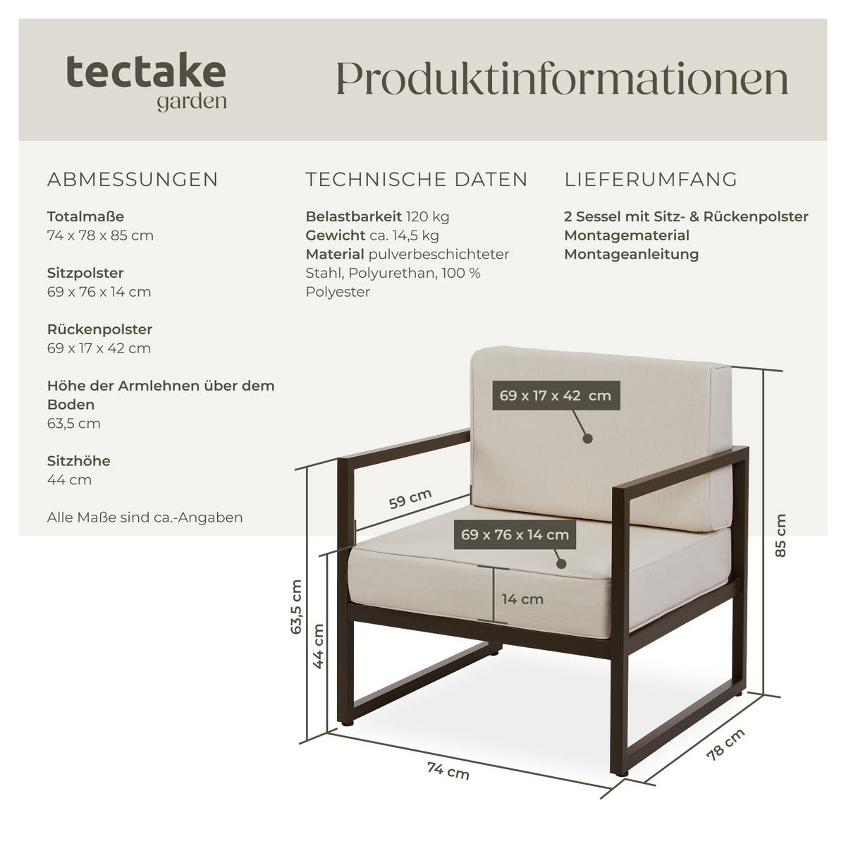 GARTEN-LOUNGESESSEL Comosa,74 x 78 x 85 cm,braun/beige - Beige/Braun, Textil (74/85/78cm) - tectake
