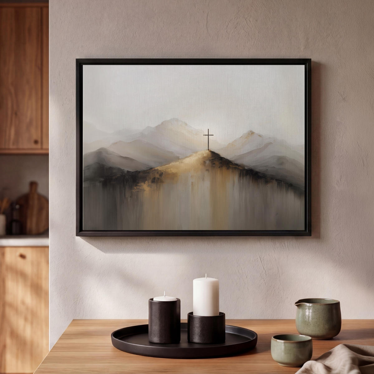 LEINWAND Bilder mit Rahmen - Hügel - Abstrakt - Kreuz - Christentum - 40x30 - Beige, Textil (40/30cm) - MuchoWow