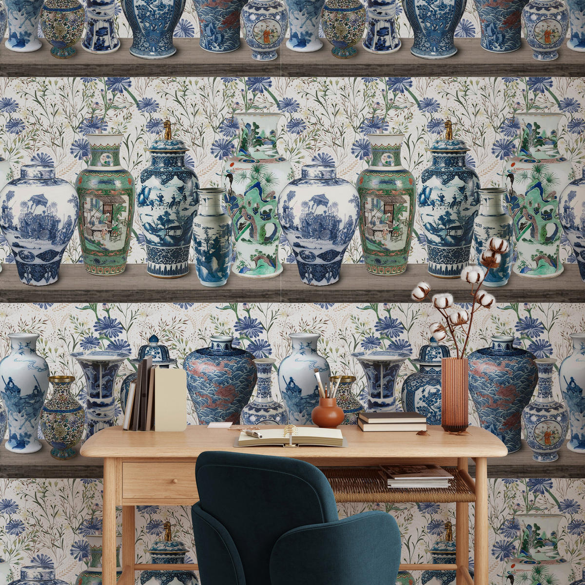TAPETE Vasen aus echtem Papier, 200x280cm, 8 Bögen - Blau, Papier (200/280cm) - WALLPAPERS4BEGINNERS
