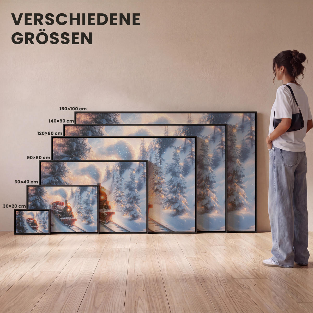 LEINWAND Bilder mit Rahmen - Weihnachtszug - Schnee - Winter - Weihnachten - 90x60 - Dunkelrot, Textil (90/60cm) - MuchoWow