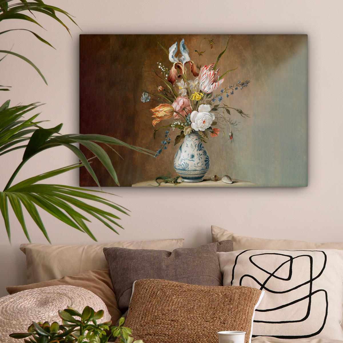 LEINWANDBILD Alte Meister - Blumen - Balthasar van der Ast Wanddeko 90x60 cm - Hellbraun, Textil (90/60cm) - MuchoWow