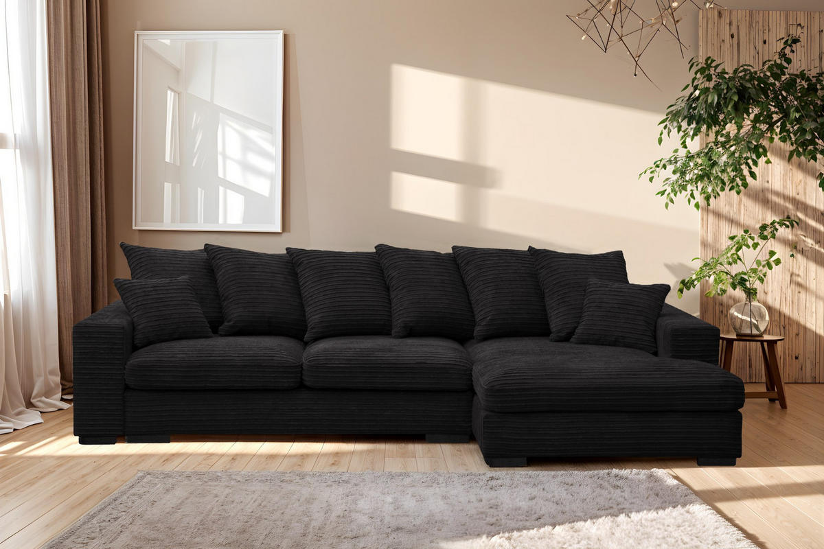 ECKSOFA Mit Schlaffunktion Und Bettkasten Couch L-form Gabon Stoff Zoom Schwarz Rechts - Schwarz, Holz (285/155cm) - Kaiser Möbel